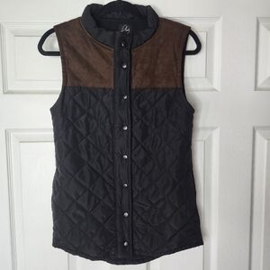 PLENTY BLACK & FAUX SUEDE BROWN SNAP BUTTON QUILTED VEST MADE IN QUEBEC SIZE S